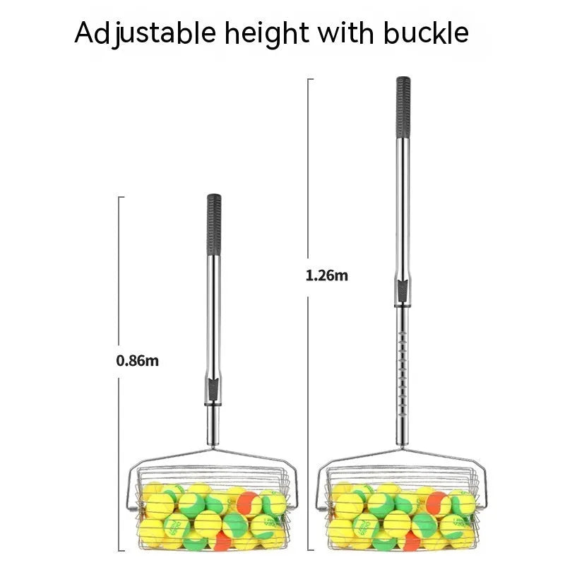 Stainless steel adjustable tennis ball picker roller with capacity for 30 or 60 balls