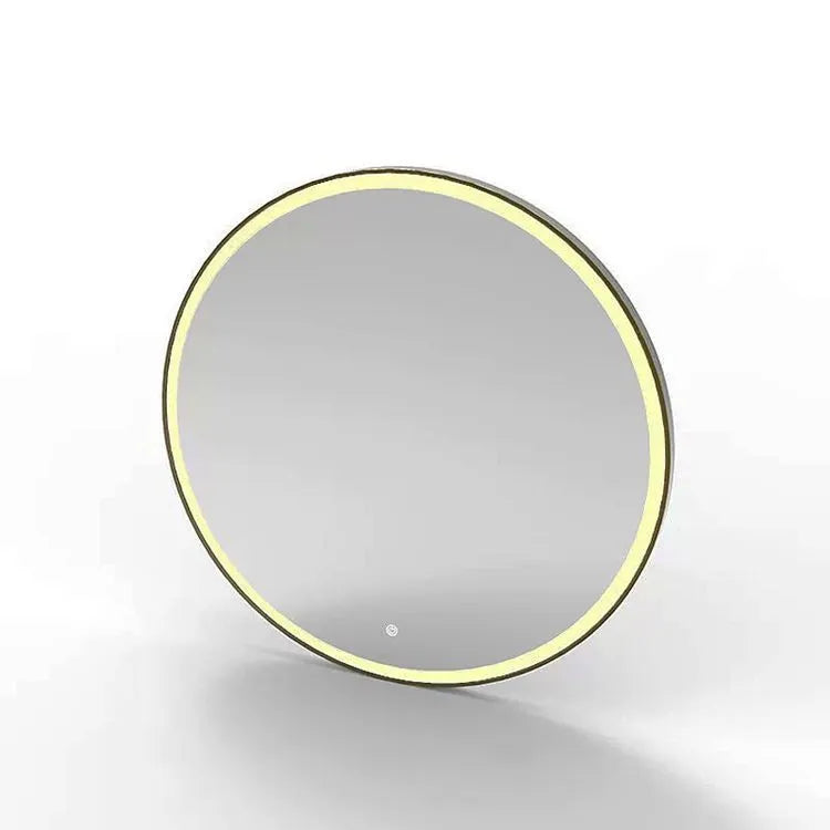 Round wall-mounted LED bathroom makeup mirror with a black aluminum alloy frame.