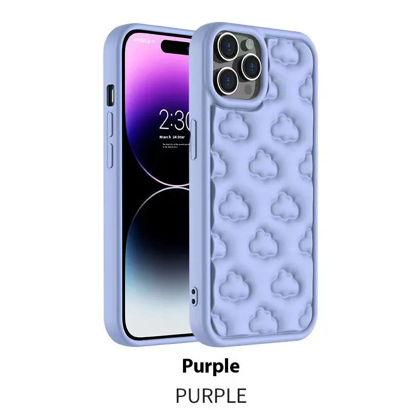 Hand oil three-dimensional cloud TPU phone case for iPhone with embossed floral pattern, black colour, displaying full back and edge coverage.