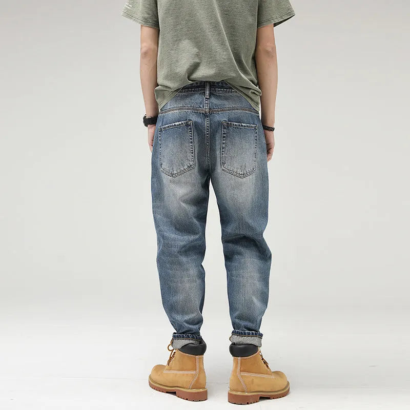Men's retro blue jeans, loose straight-leg cut, 100% cotton denim, middle waist, nine-pants length.