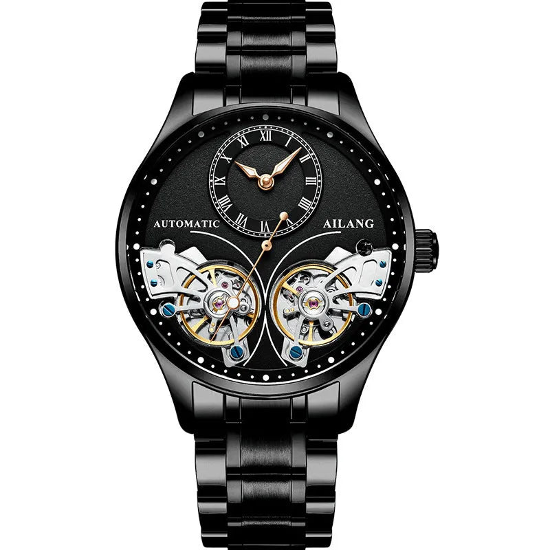 Automatic men's watch with tourbillon and moon phase displays in titanium case