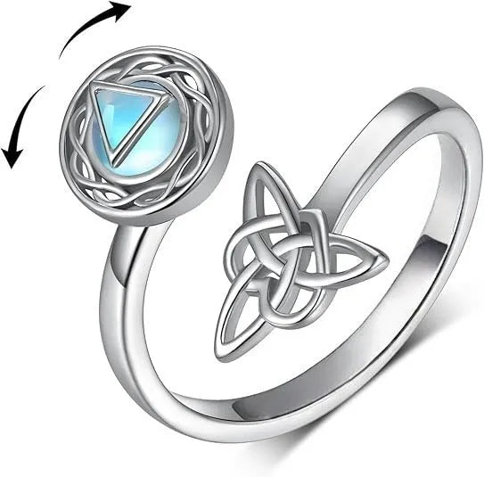 Rotating moonstone ring bracelet in white gold colour with adjustable opening and geometric circle triangle design