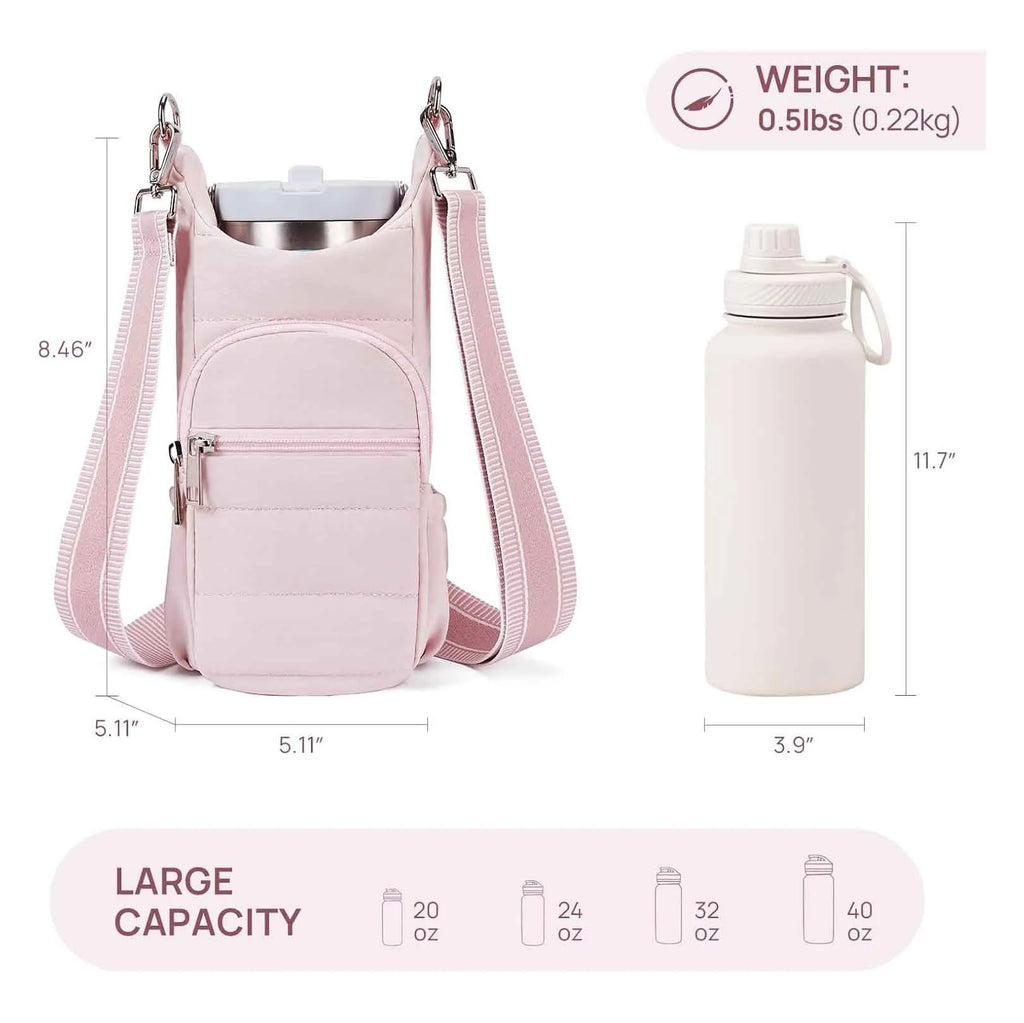 Cloth water bottle bag with adjustable shoulder strap for bicycles in black, pink, and beige colours.