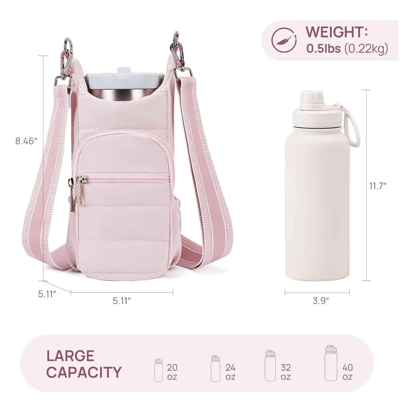 Cloth water bottle bag with adjustable shoulder strap for bicycles in black, pink, and beige colours.