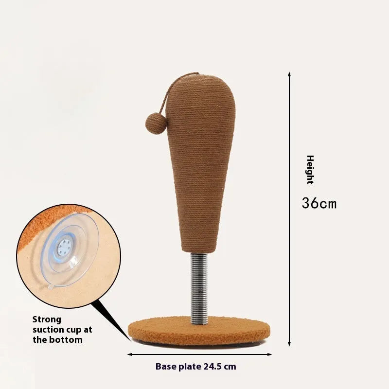 Cat scratching post with interactive tumbler toy made from natural hemp rope in large and small size options