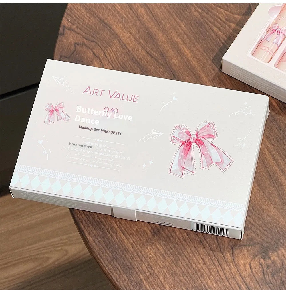 Butterfly box makeup set with pink lip muds, powder blusher, and necklace accessory