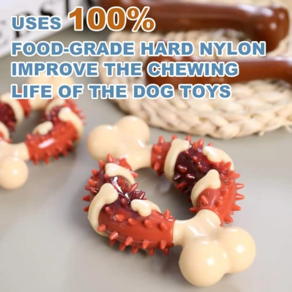 Natural rubber bone-shaped dog chew toy for teeth cleaning shown in two sizes.