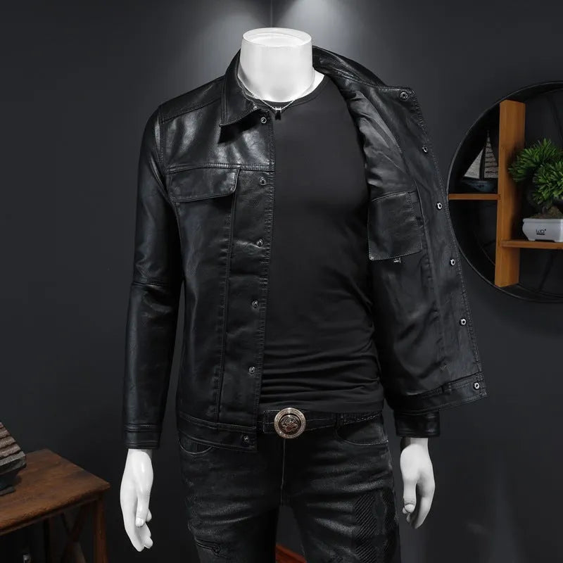 Men's long-sleeved lapel motorcycle PU leather coat in black, regular fit, bag cover slit pockets