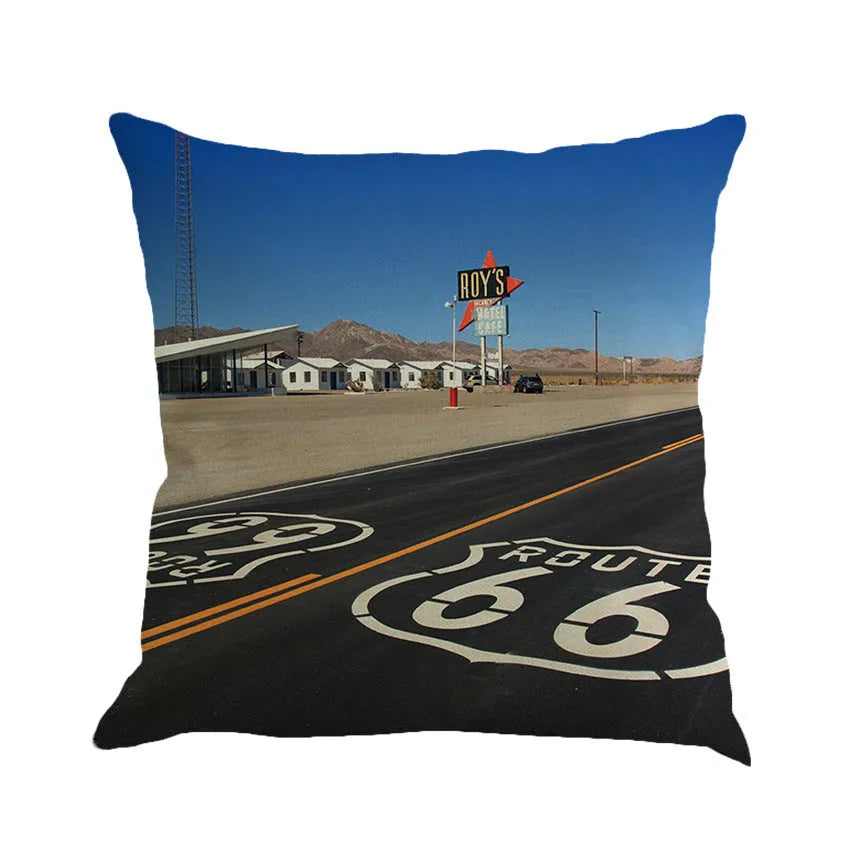 Route 66 American highway landscape print on a 45x45cm linen blend square pillow cover.
