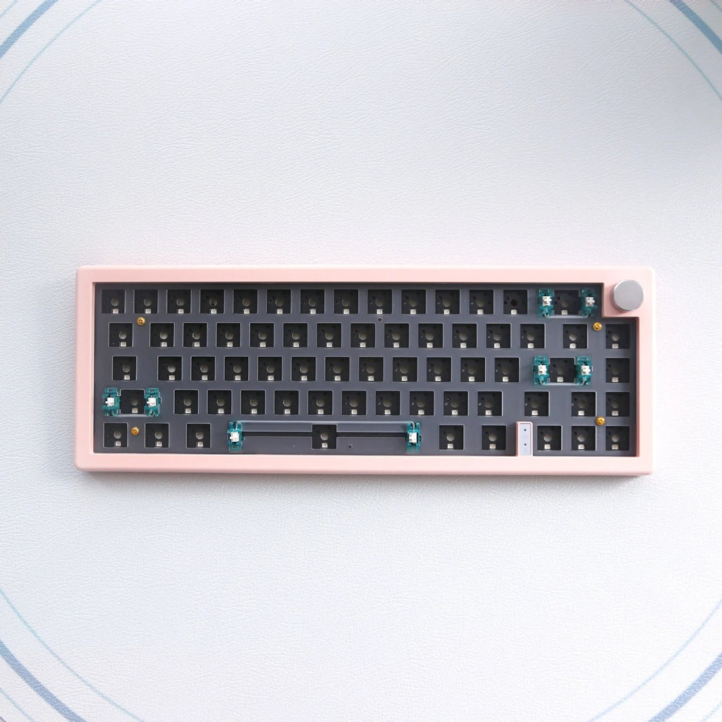 DIY mechanical keyboard kit parts with RGB backlighting, knob, and choice of black, white, blue, pink, purple, red, or green ABS case.