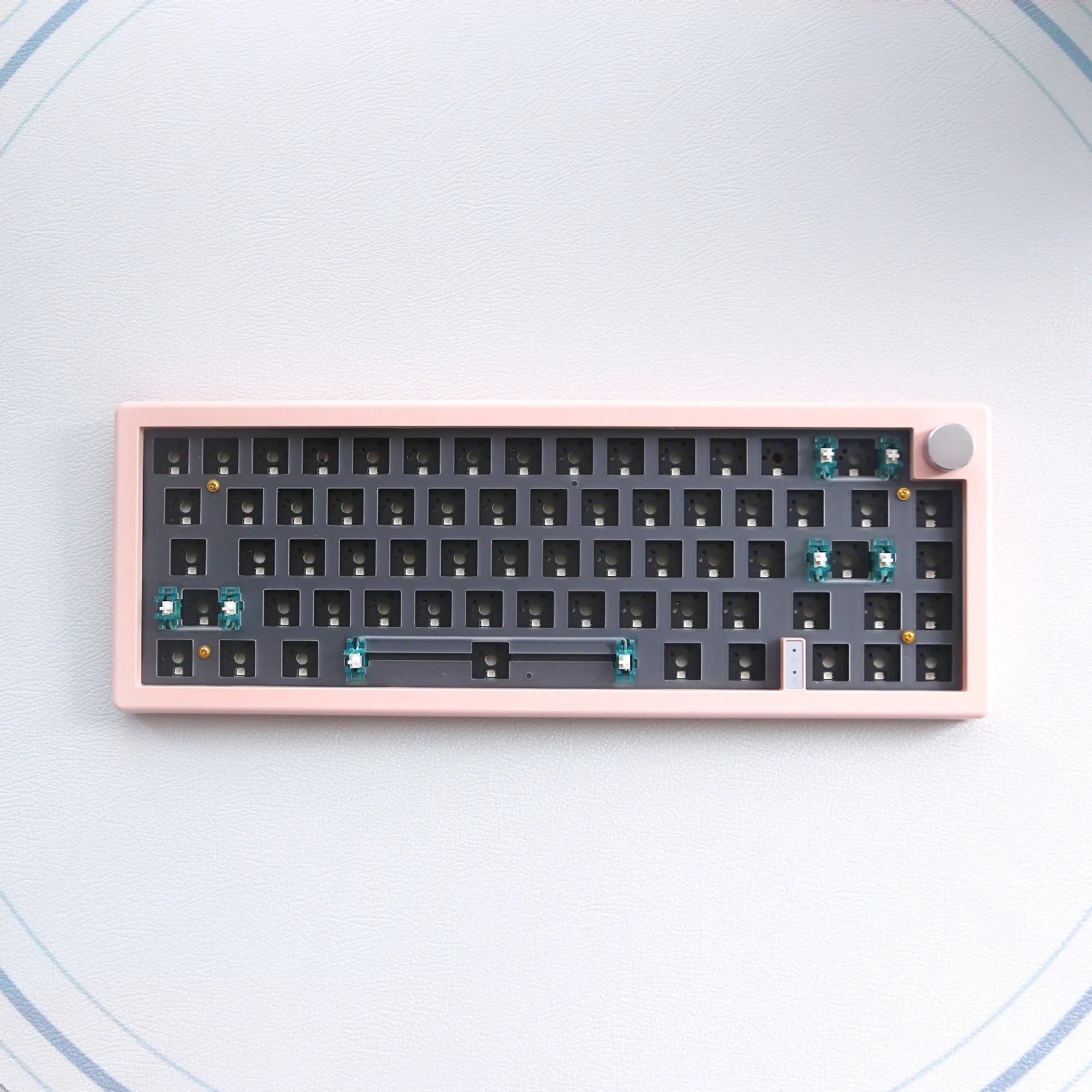 DIY mechanical keyboard kit parts with RGB backlighting, knob, and choice of black, white, blue, pink, purple, red, or green ABS case.