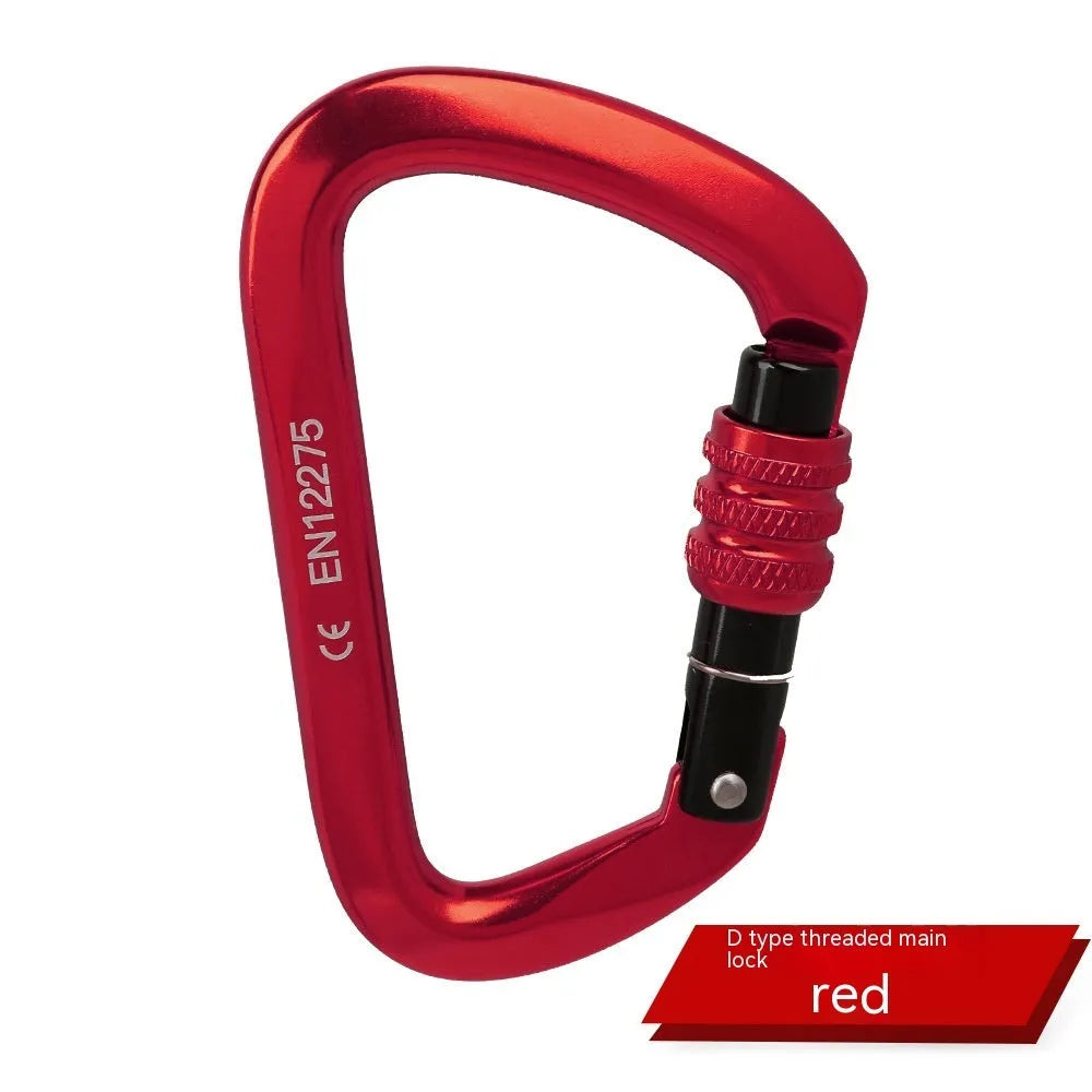 Steel D-shaped climbing carabiner showing automatic and screw-gate types in assorted colours.