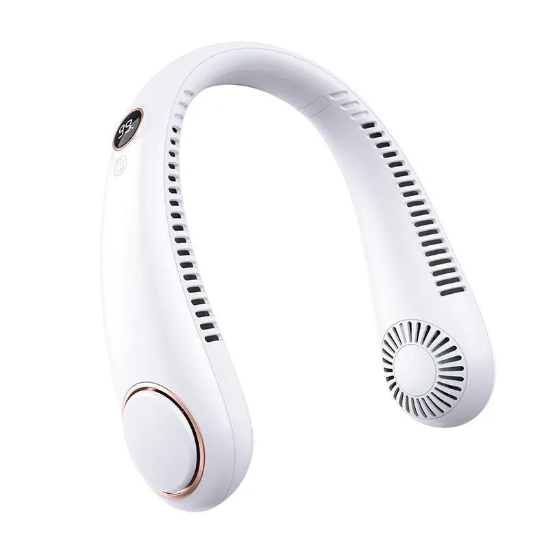 USB rechargeable neck hanging fan with brushless motor, 3-speed piano switch, bladeless plastic design, 225x183x60mm, electroplated white finish