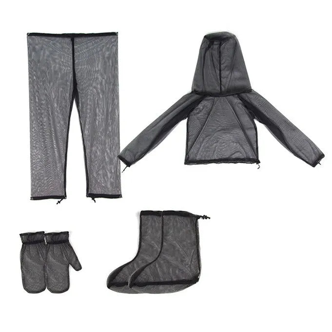 Anti mosquito camping suit four-piece set with canopy hood and breathable mesh fabric for outdoor activities