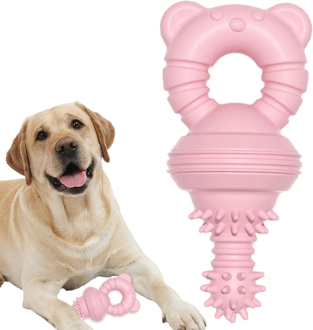 Blue, green, and pink molar-shaped rubber dog chew toy with textured surface and bell.