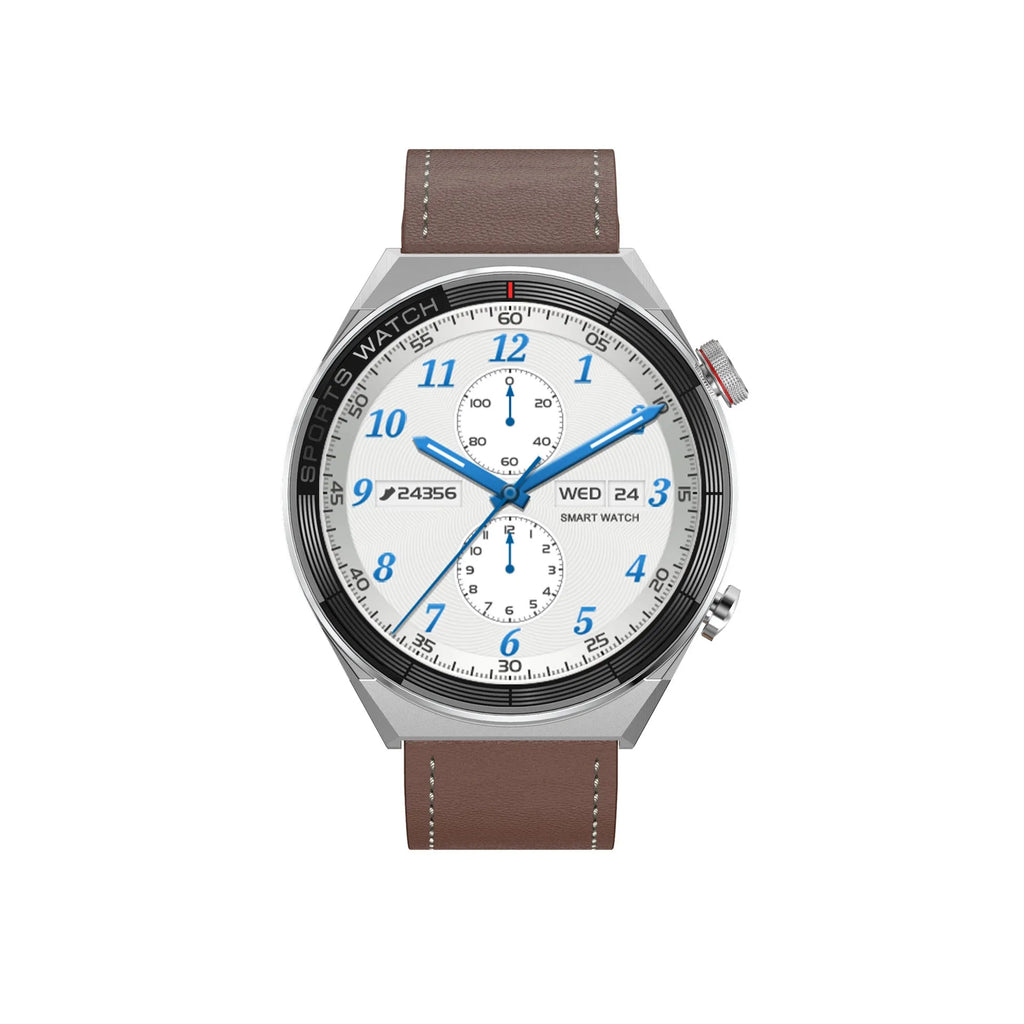 Black or silver smartwatch with 1.5-inch HD screen on a choice of leather, silicone, or steel strap