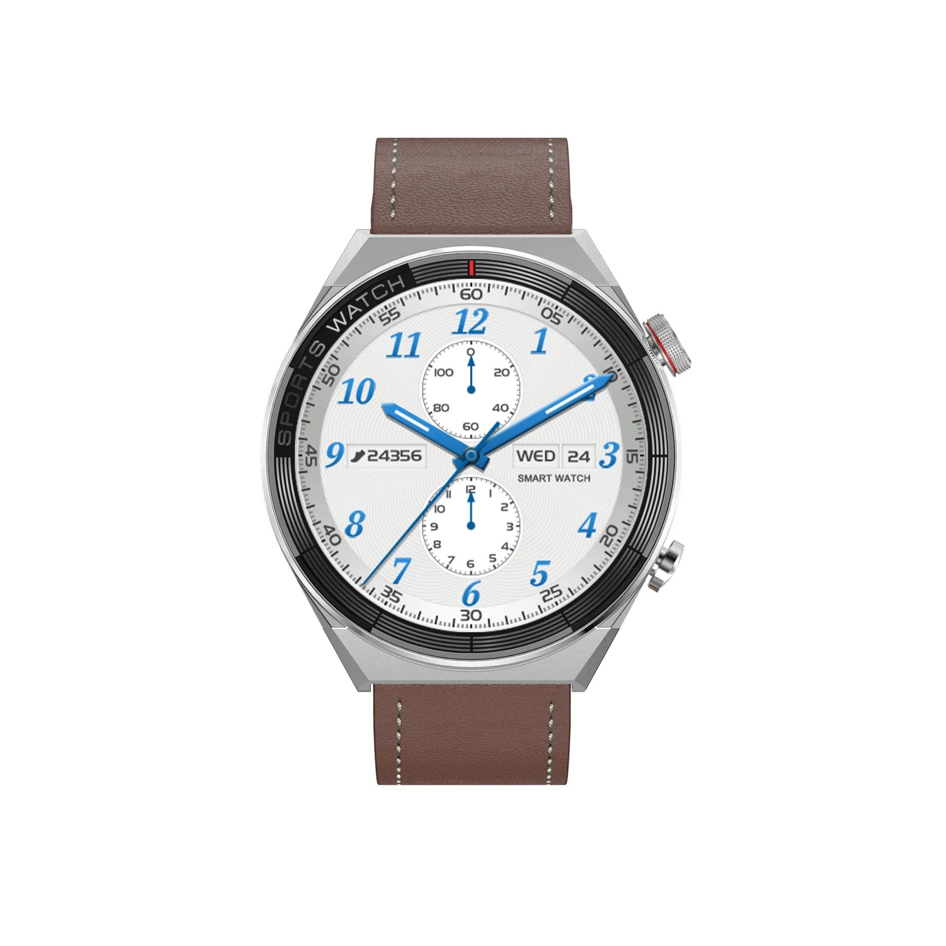 Black or silver smartwatch with 1.5-inch HD screen on a choice of leather, silicone, or steel strap