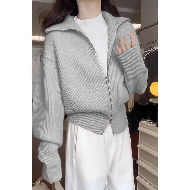 Hong Kong style double zipper knitted cardigan jacket in loose fit with floral pattern and three-dimensional decoration