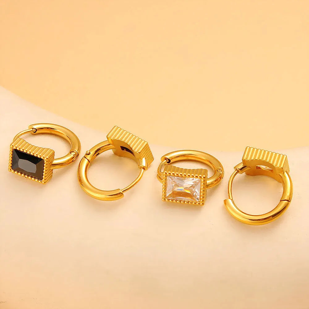 Square geometric stainless steel earrings with a round zircon stone, available in white, black, or green.