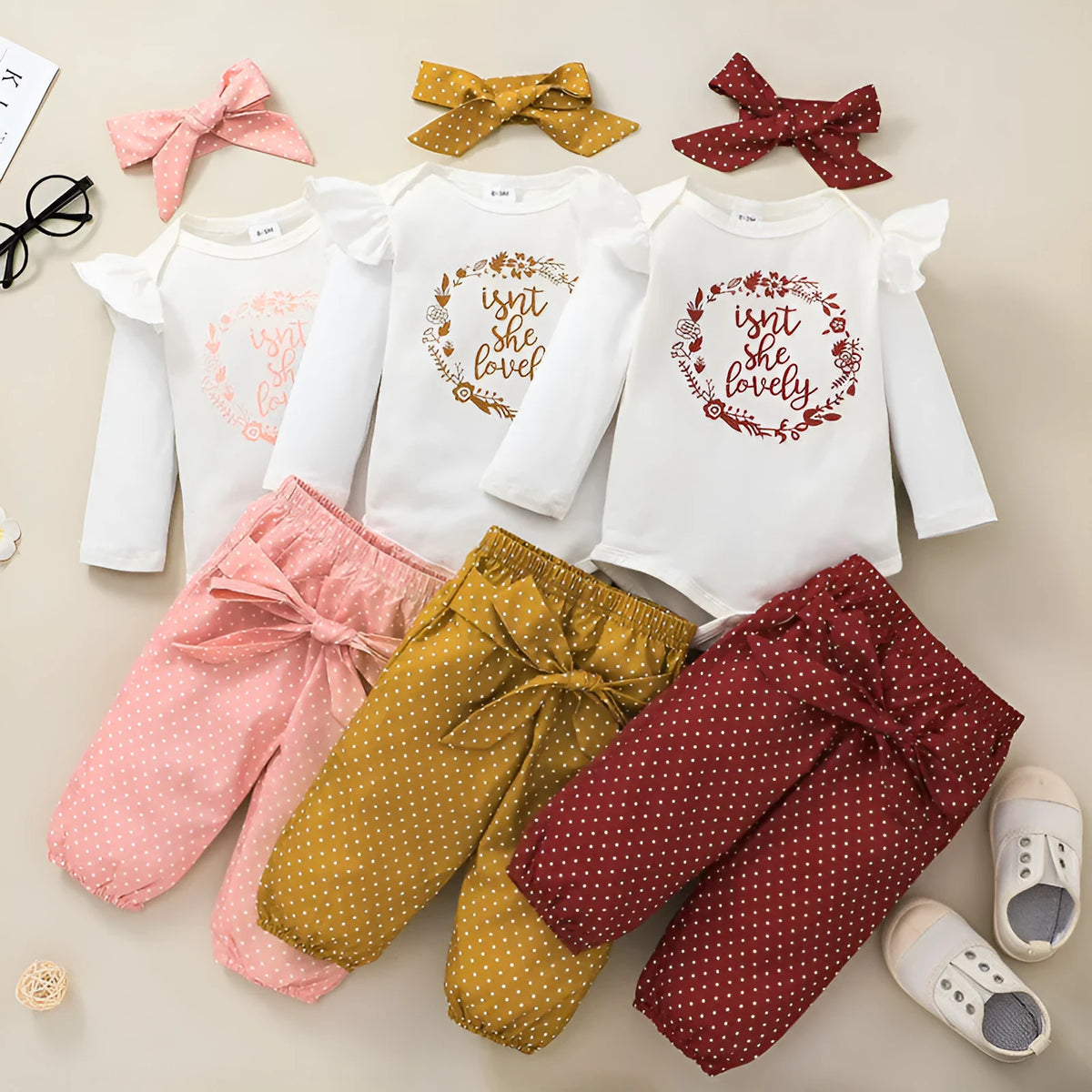 Baby girls' cotton three-piece blouse and trousers set with letter and dot pattern, long sleeves, summer outfit