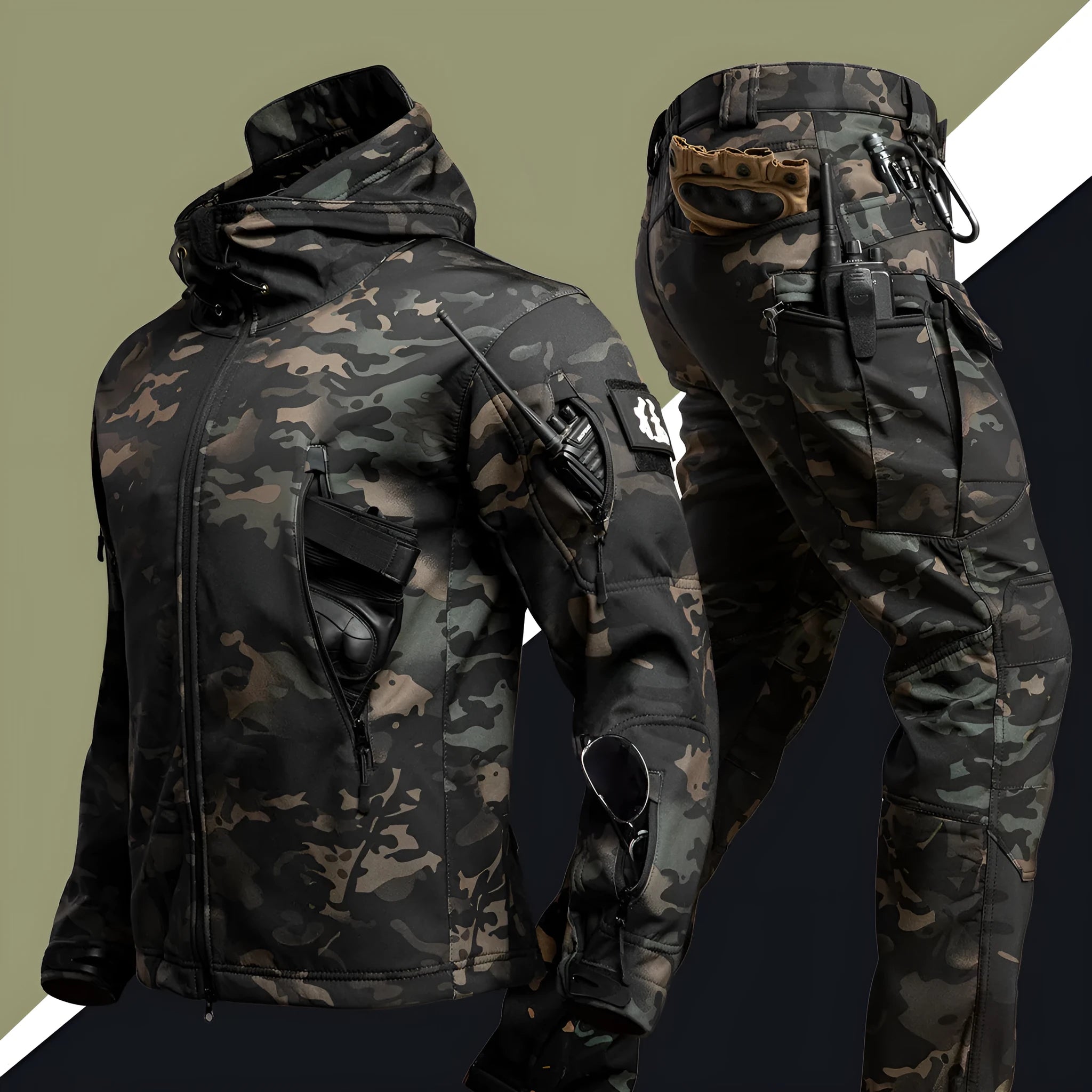 Camouflage winter shell jacket suit set for men with jacket and trousers, waterproof and windproof