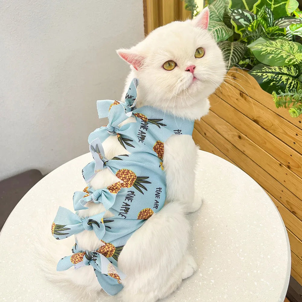 Lace-up cat sterilisation clothing in polyester fabric showing adjustable fastening and available colour options