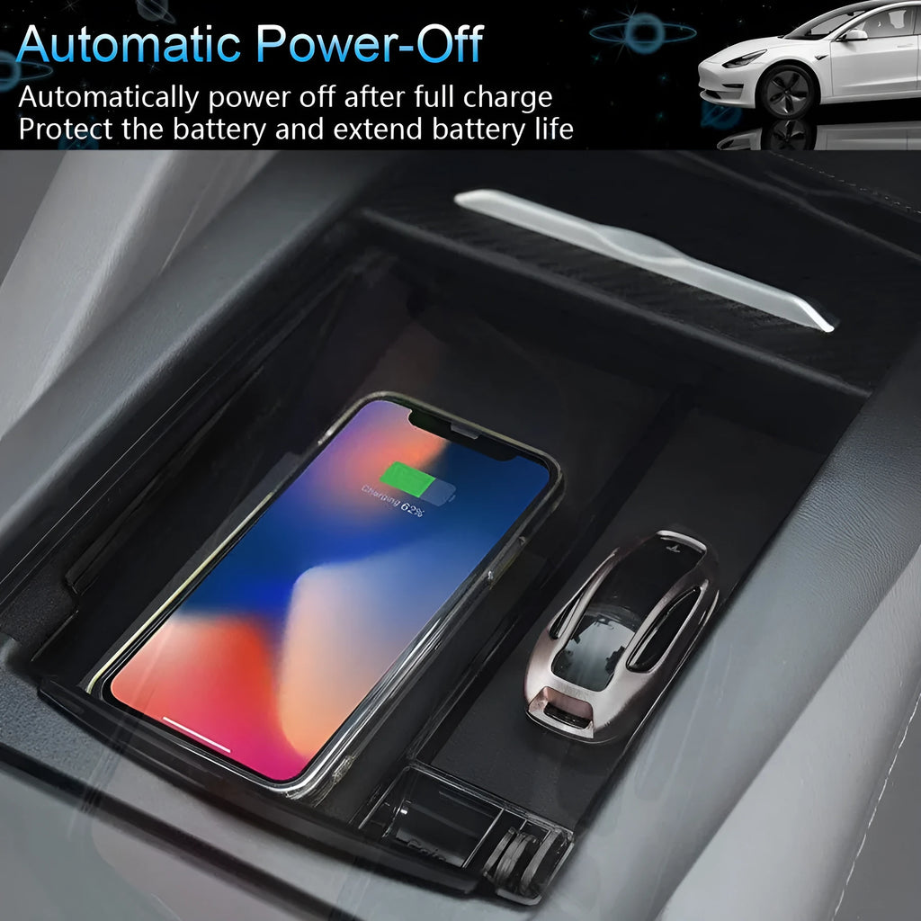 Black wireless charging storage box for QI standard phones on a desk