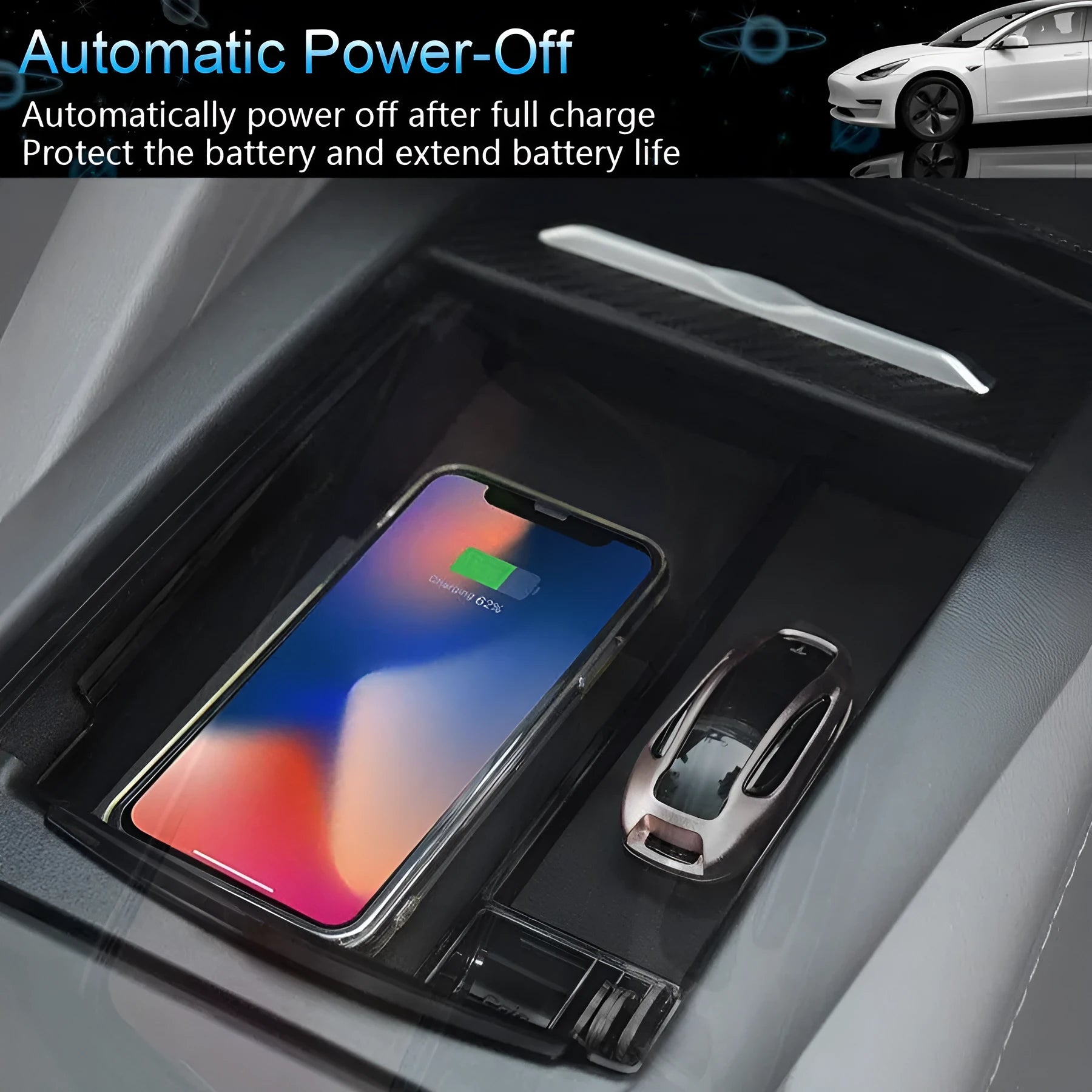 Black wireless charging storage box for QI standard phones on a desk