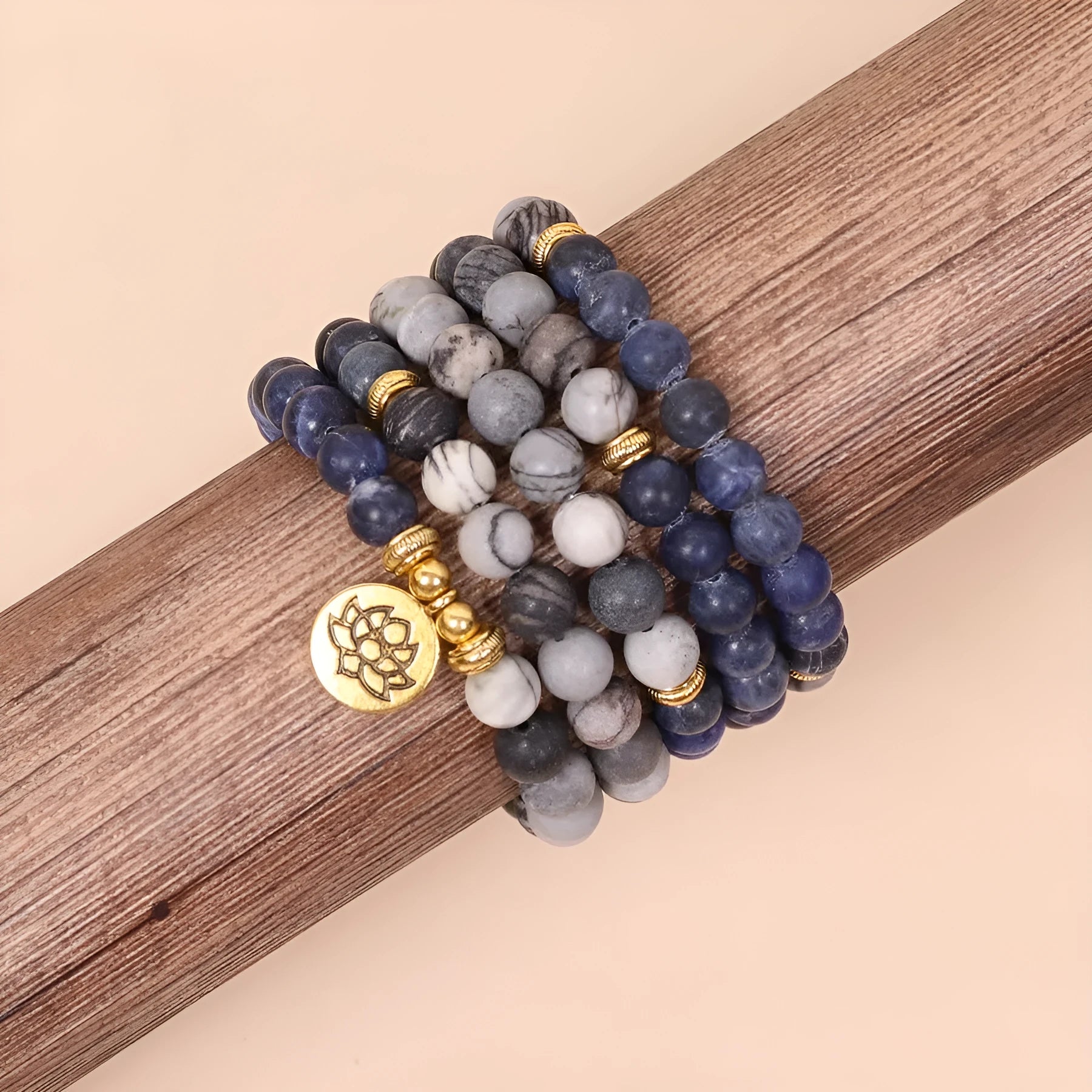 Blue patterned network stone bead multi-layer alloy bracelet natural style