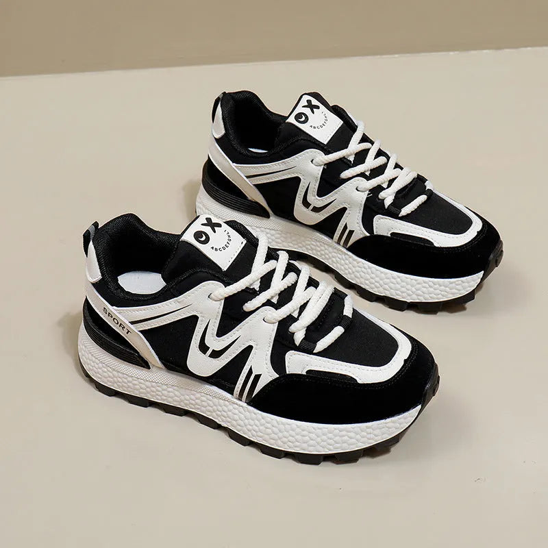 Women's black flat platform casual shoes with round toe and front lace-up, made from artificial PU with cotton lining.