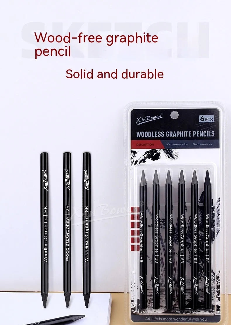 Set of six wood-free graphite sketching pencils with HB, 2B, 4B, 6B, 8B, EE gradings for art.