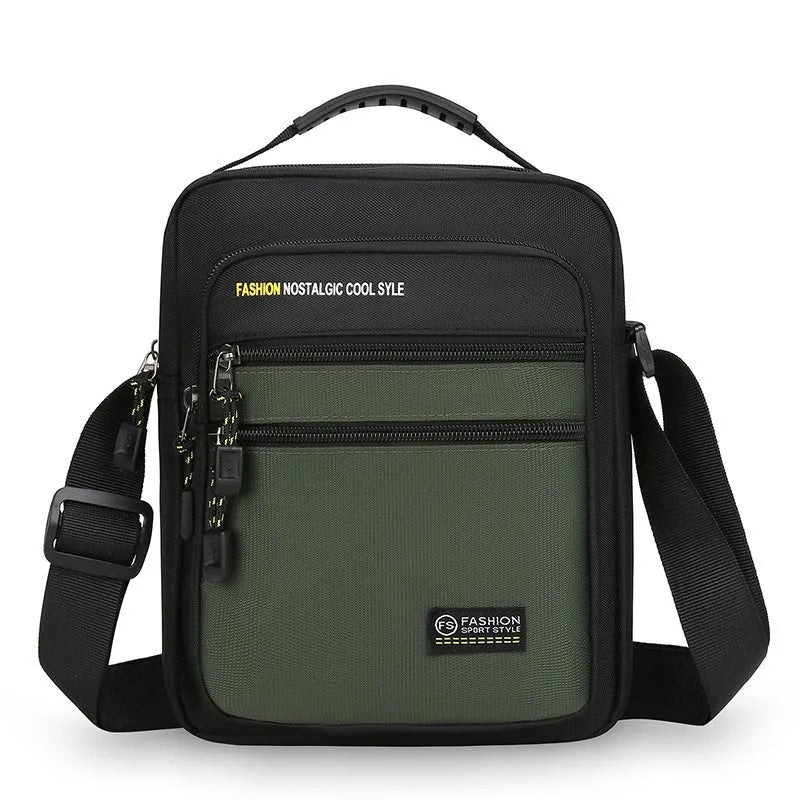 Men's waterproof nylon crossbody bag in solid colour with multiple compartments for outdoor and commuting use