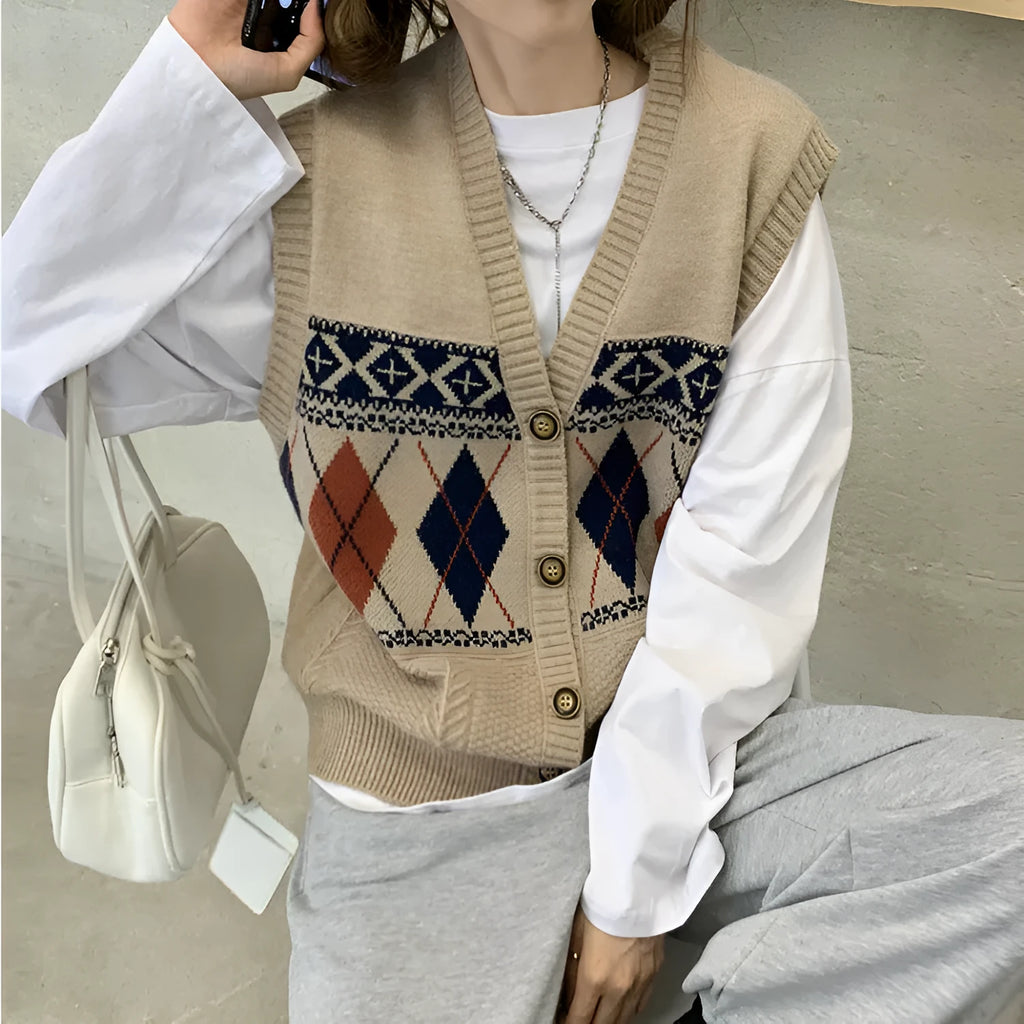 Khaki diamond plaid pattern sleeveless loose cardigan on a hanger