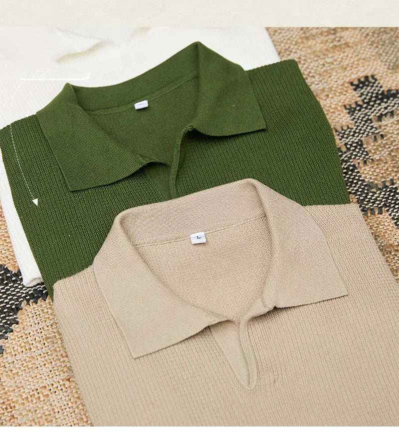 Men's casual knitwear top in 100% lyocell fibre with ribbed hemline, available in smoky gray, green, and white.