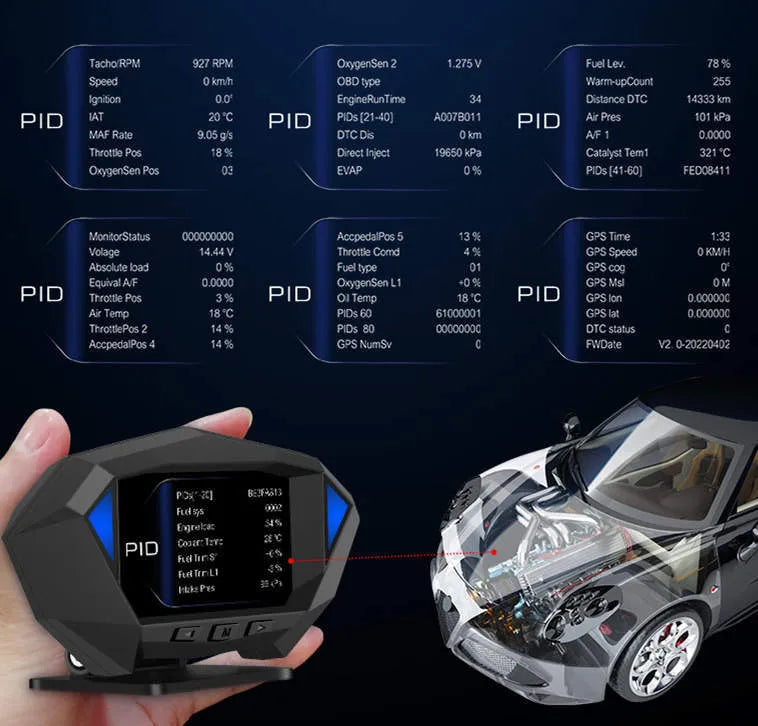 Black P1 model car head-up display unit with LCD screen, OBD cable, and anti-slip pad.