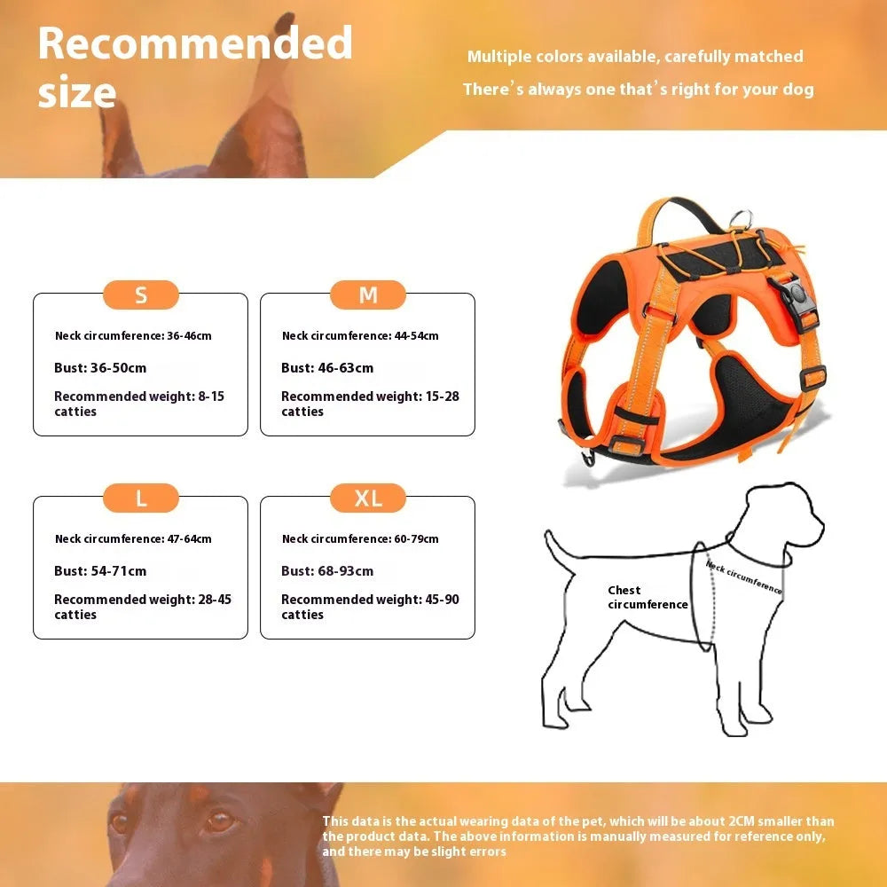 Reflective dog harness with hand-holding rope in adjustable sizes and multiple colour options
