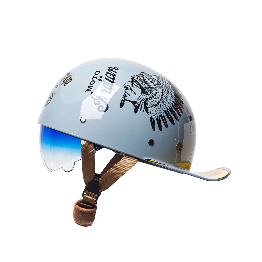 Men's retro electric bike half helmet in bright black with a gradient blue visor