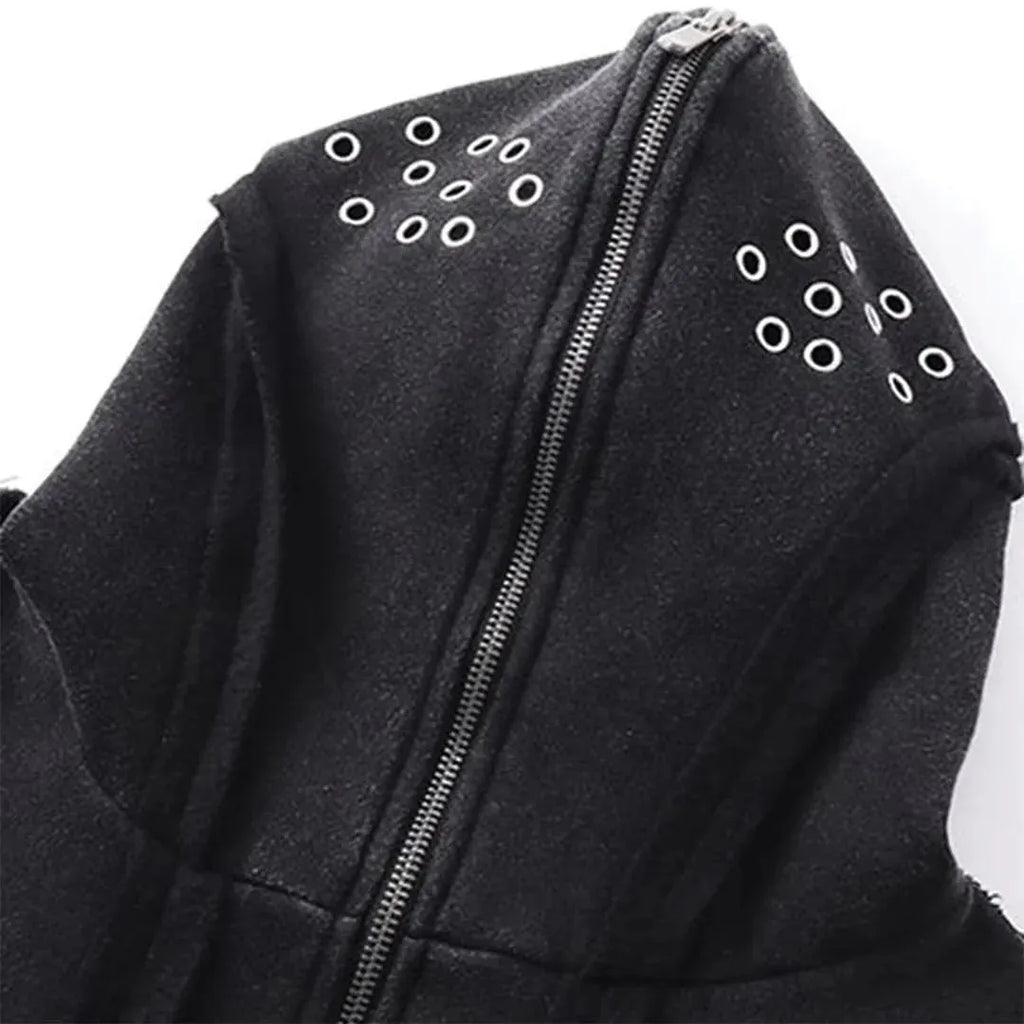 Black loose fit padded coat with abstract pattern, zip front and hood