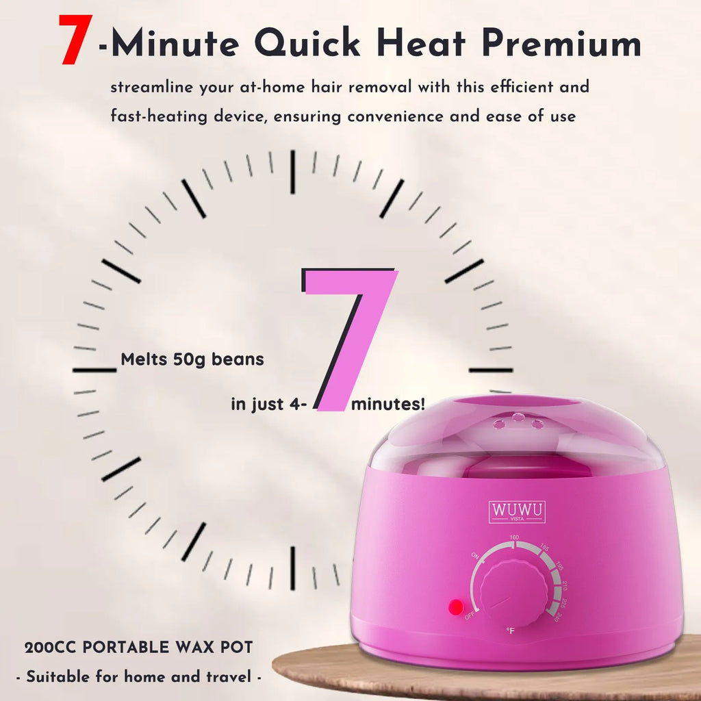 WUWUVISTA 27-piece hair removal wax kit with heater, four coloured wax pots, and applicator sticks on a table.