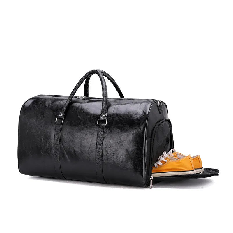 PU leather retro business travel luggage bag for men in black with large capacity
