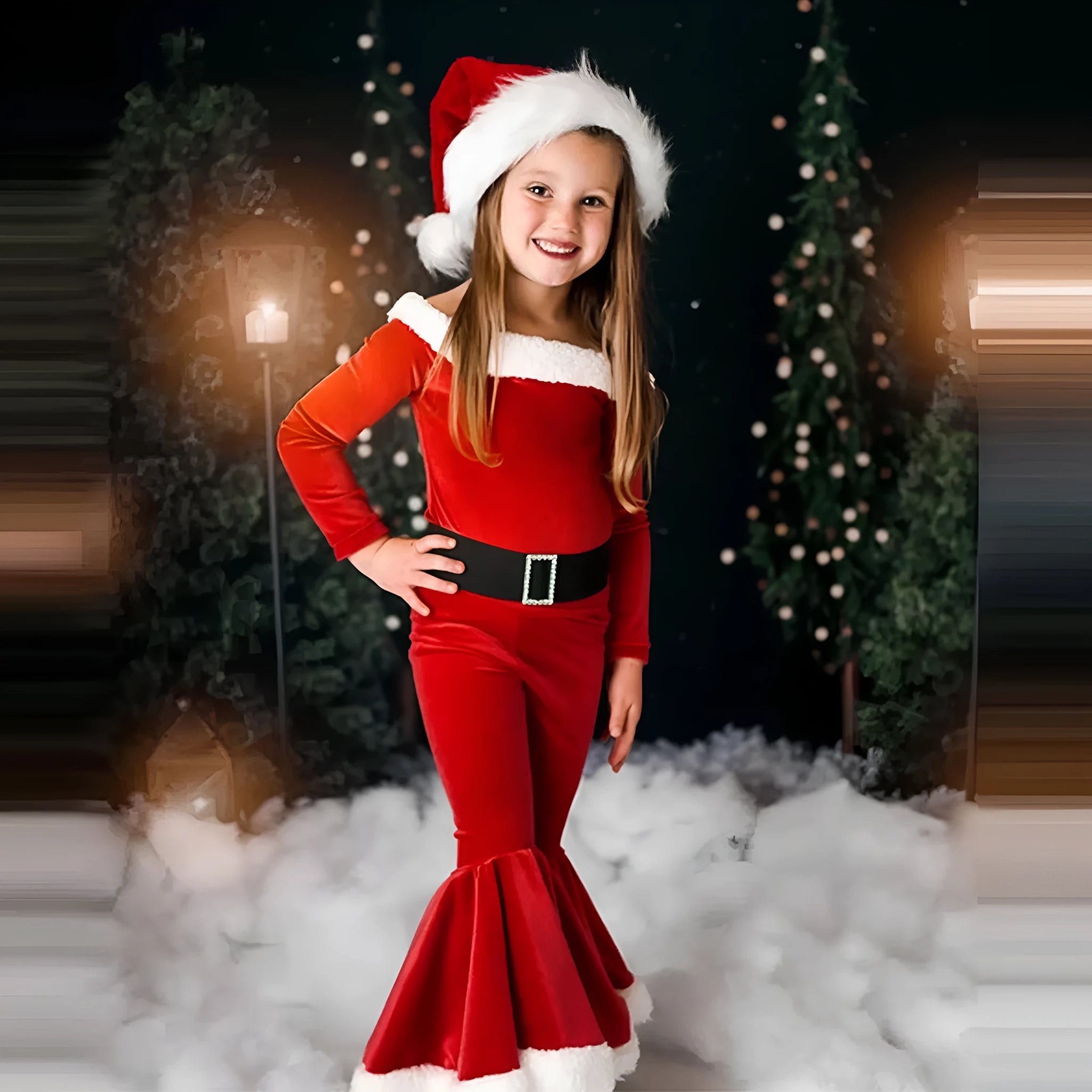 Red Korean velvet children's Christmas three-piece set with shirt, bell bottoms, and hat on display