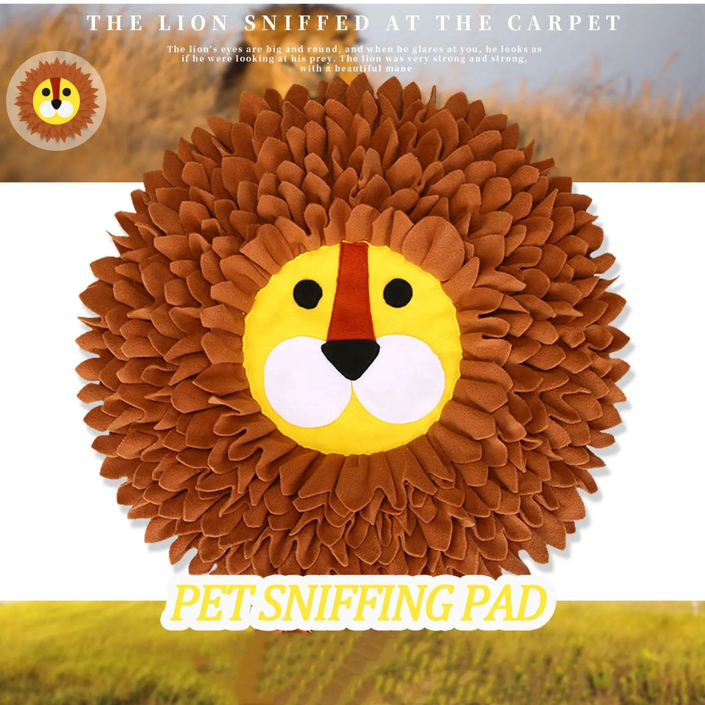 Brown lion-shaped fabric snuffle mat pet toy for dogs and cats
