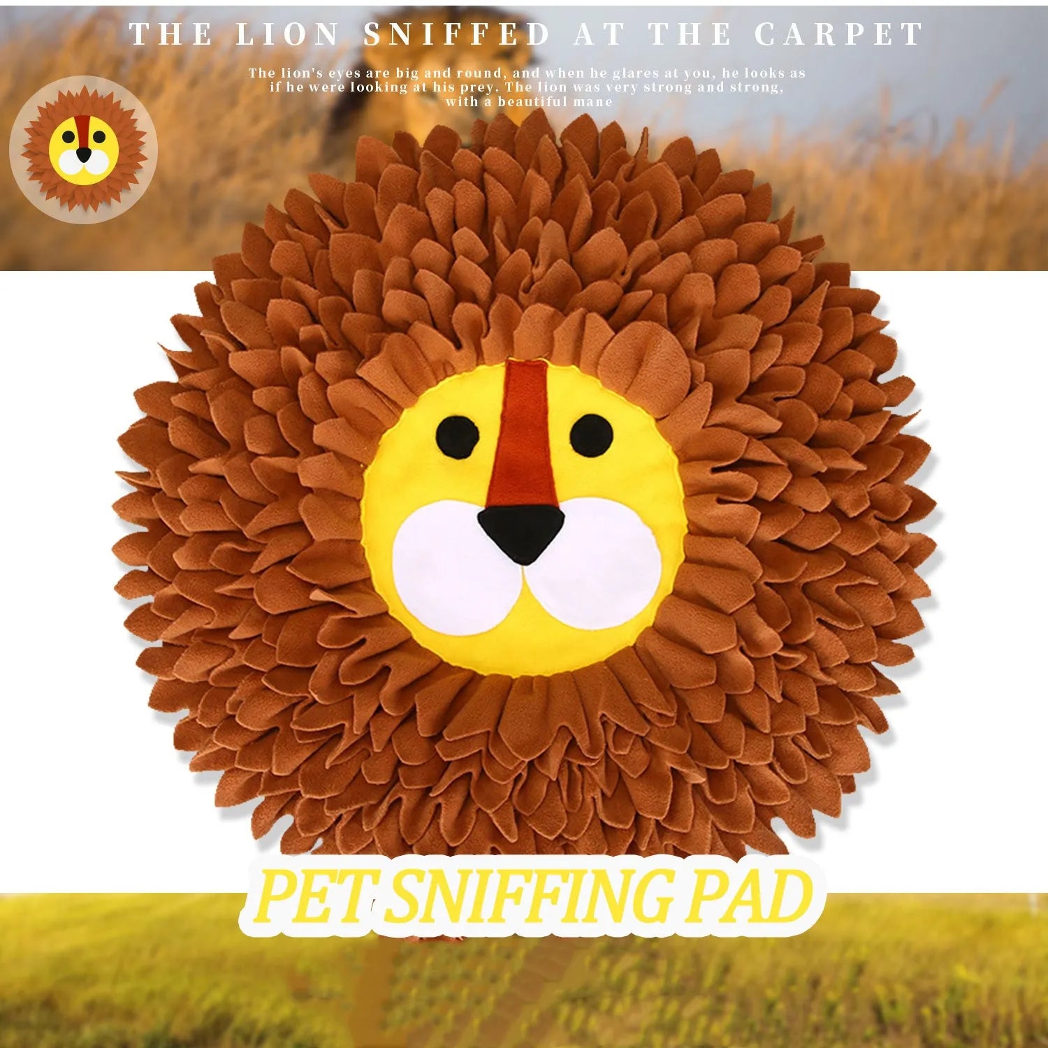 Brown lion-shaped fabric snuffle mat pet toy for dogs and cats