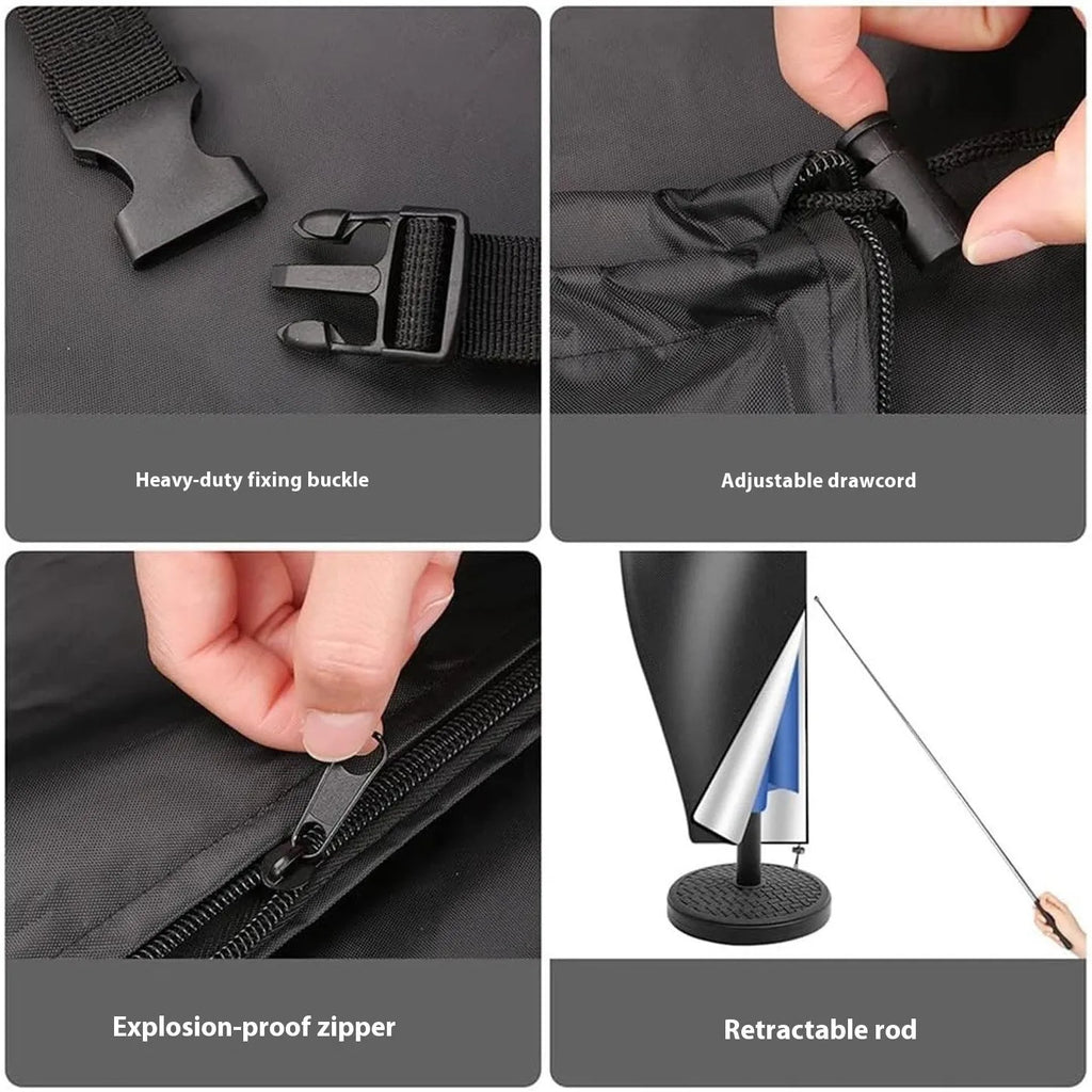 Black and grey waterproof oxford cloth covers for banana-shaped and straight outdoor garden umbrellas.
