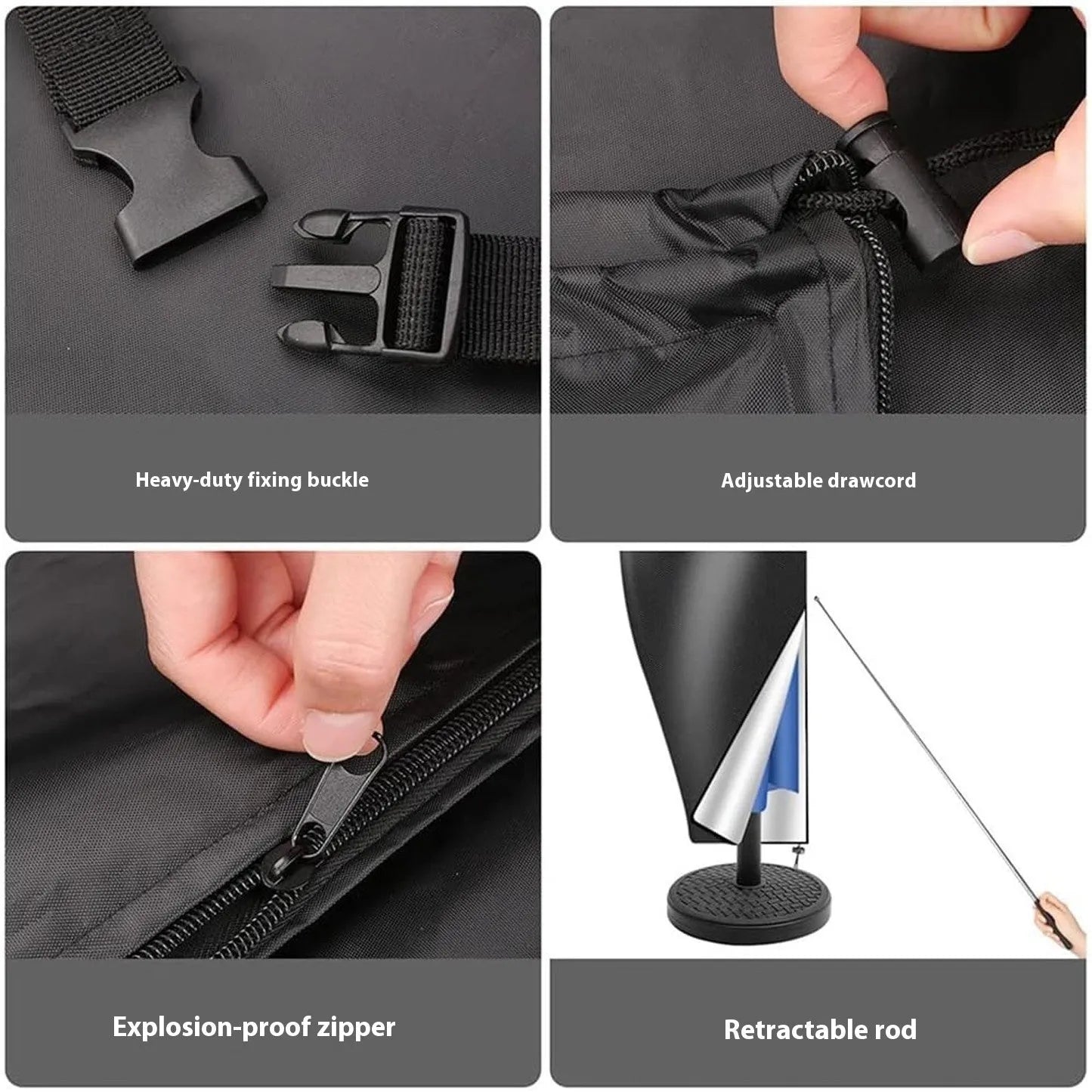Black and grey waterproof oxford cloth covers for banana-shaped and straight outdoor garden umbrellas.