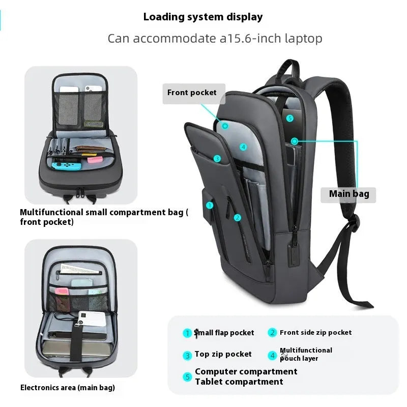 Lightweight Oxford cloth men's backpack in dark grey with sewing line details, shown from the side.