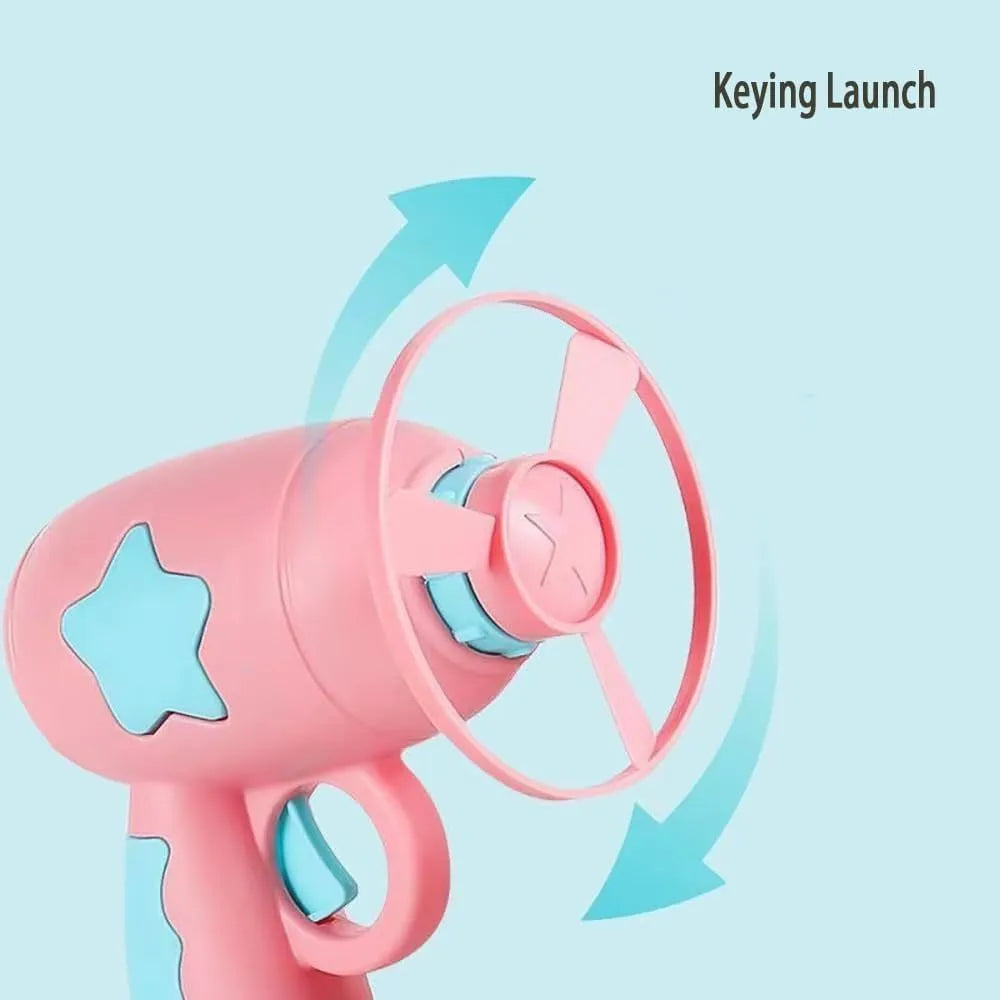 Blue plastic cat toy gun with disc launcher and Frisbee for indoor feline play