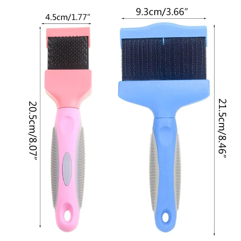 Double-sided pet grooming brush with stainless steel bristles in blue colour