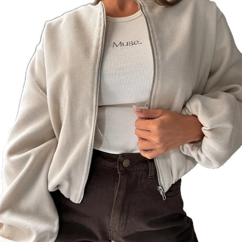 Women's loose fit jacket with lantern sleeves in milky white polyester fabric