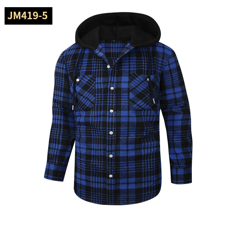 Loose fit casual flannel hooded plaid shirt in polyester with multiple colour options